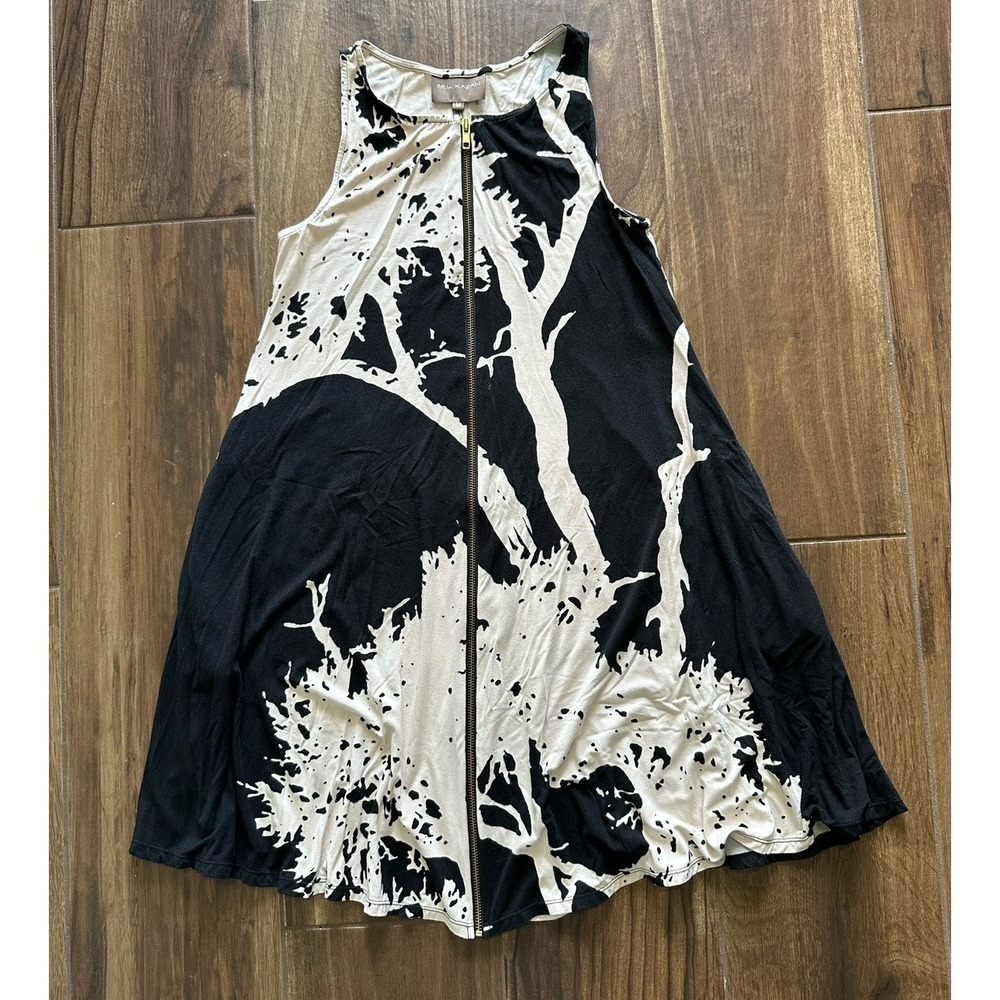 Bel Kazan Women Black Cream Abstract Print Full Zip Sleeveless Mini Dress Size M